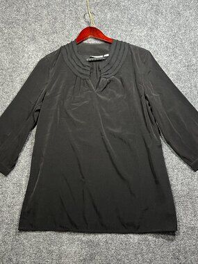 Chicos Top Womens Medium Black Blouse Notched Neck 3/4 Sleeve Popover